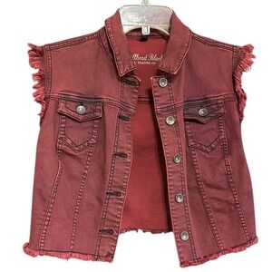 Bullhead Black Burgundy Denim Vest Frayed Raw Hem Cropped Trucker Sz L Juniors